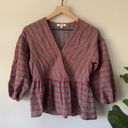 Madewell  Striped Peplum Top 3/4 Bubble Sleeve V-Neck Preppy Stripes Gray & Red Photo 2