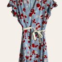 Oscar de la Renta  Pink Label Blue Red Floral Print Satin Wrap Dress Mini Robe S Photo 2