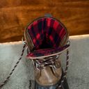 Brown and black leather ankle duck style boots with a red and black flannel print inside Size 11 Photo 2