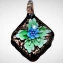 None Hand Blown Diamond Shaped Green Blue Flowering Plant Glass Floral Pendant Photo 0