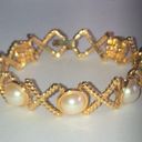 Vintage Gold Tone & Faux Pearl X Link Chunky Retro Bracelet Photo 0