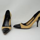 PRADA  Woven Raffia Genuine Leather Cap Toe High Heels Pumps Shoes Neutral Black Photo 0