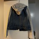 INC  Denim Jean Jacket with sweater sleeves and removable hoodie. Photo 1