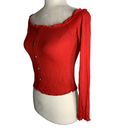 Guess  Off the Shoulder Stretch Crop Top M Red Lettuce Hem Long Sleeves Buttons Photo 2