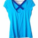 Lucy Activewear  Women's Bright Blue Cross Back Short Sleeve Fitted Workout Top Photo 3