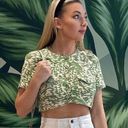 Revolve Green And White Cropped Button Up Photo 0