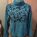 Nine West Sweater Women’s Sz M Teal Cheetah Ribbed Knit Turtleneck Pull Over New Photo 0