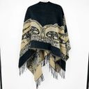 BCBGMAXAZRIA  Womens Cozy Knit Fringe Boho Printed Poncho Wrap Sweater One Size Photo 5