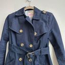 Juicy Couture  Navy Double Breasted Trench Coat Ruffle Hem Size XS Gold Buttons Photo 2