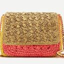 J.Crew  Colorblocked Handwoven Raffia Crossbody Bag Button Closure Chain Strap Photo 0