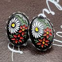 Daisy Vintage 1970s Black White  Red Floral Cabochon Stainless Steel Earrings Photo 4