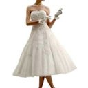 Oleg Cassini  Strapless Tulle Embellished Tea Length Ivory Wedding Gown size 6 8 Photo 0