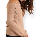 Umgee NWT  Women’s Drawstring Neckline Cowl Neck Off Shoulder Sweater Tan Small Photo 1