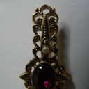 The Bar 1928 Gold Tone Brooch Purple Oval Rhinestone Seed Faux Pearl Filigree Pin Photo 3