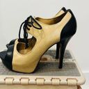 L.A.M.B. Tan & Black Leather Lace Up Peep Toe Platform Heels Womens Sz 7.5 Photo 8