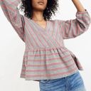 Madewell  Striped Peplum Top 3/4 Bubble Sleeve V-Neck Preppy Stripes Gray & Red Photo 10