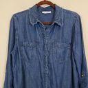 Chico's Chico’s Chambray Roll Tab Sleeves Frayed Button Down Shirt Size 12 Photo 2