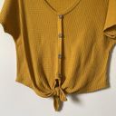 Caution to the Wind  Mustard Waffle Knit Short Sleeve Button Up Crop Top sz Small Photo 4