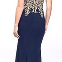 XScape Navy Blue And Gold Prom Dress Photo 5