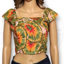 Cynthia Rowley  Linen Blend Tropical Print Crop Top Ruffle Sleeve Multicolor Sz M Photo 1