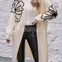 Off White Long Duster Cardigan Knit Black Flower Appliqué Photo 2