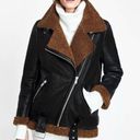 ZARA black faux leather aviator style jacket with brown Sherpa lining size small Photo 1