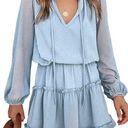 Btfbm NWT  Women Casual light blue Dress V Neck Tie Neck Long Sleeve Dot Ruffle Photo 0