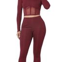 Love j  Set Leggings Top Sexy Stretch Ruched 2 Piece Matching Set Burgundy Medium Photo 4