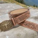 Western Bull Head Buckle Unisex Belt Vintage Style Embossed 37” Faux Leather Tan Photo 13