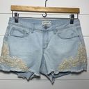 Jessica Simpson  Cut off Stretch Blue Denim Almond Lace Short Bottom Size 28 Photo 0