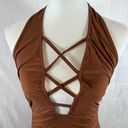 Chocolate brown plunging cross Vneck ruched bodycon halter dress size small NWOT Photo 3