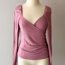 Abound  Women's Dusty Pink Ribbed V-Neck Stretch Puff Sleeve Blouse Top  Size S Photo 2