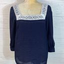 Nanette Lepore Navy Blue White Lace Blouse Top 3/4 Puff Sleeve Square Neck S Photo 0