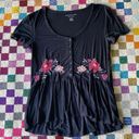 American Eagle AEO Black peplum henley top small red floral embroidery Photo 1