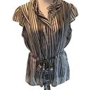 Worthington Sheer Black & White Short Sleeve Button Down Ruffled Collar Top PL Photo 0