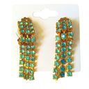 Vintage Blue  Green Round Cut Rhinestones Triple Dangle Drop Earrings Gold Clip Photo 0