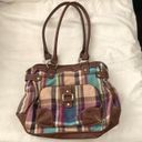 2000s Y2K quirky retro Multicolored colorful plaid shoulder hand bag purse brown leather trim silver hardware Photo 2