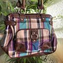 2000s Y2K quirky retro Multicolored colorful plaid shoulder hand bag purse brown leather trim silver hardware Photo 0