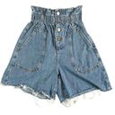 ZARA  High Rise Denim‎ Shorts Paper Bag Button Fly Blue Cut Off Women's Size 0 Photo 0