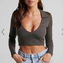 Showpo  JELENA TOP - COLLARED DEEP V LONG SLEEVE CROP TOP IN DARK OLIVE Photo 3