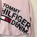 Tommy Hilfiger  DENIM Pink Black Spellout Logo Crewneck Cotton Stripe Sweatshirt Photo 1