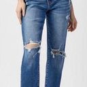 Risen Jeans Women Size 1 dark denim straight distressed high waisted girlfriend Photo 0