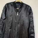 Love Tree Black Satin Lattice Bomber Jacket Photo 2