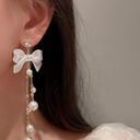 Elegant Bow White Pearl Dangle Drop Earrings for Women,Pearl Earrings Gold Photo 3