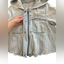 Free People  Denim Swing Jacket Hooded Raw Hem Full Zip Pockets Small Stretch Photo 1