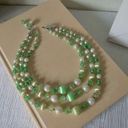 American Vintage Vintage “Sybil” Japan Green Glass Bead Pearl Necklace Three Strand Choker Multi Color Photo 2