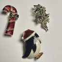 Christmas Holiday Brooch Pin Lot Of 3 Penguin In Santa Hat, Candy Cane, Bells Photo 0