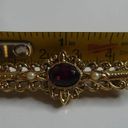 The Bar 1928 Gold Tone Brooch Purple Oval Rhinestone Seed Faux Pearl Filigree Pin Photo 5