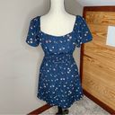 Trixxi Navy Blue Floral Smocked Waist Square Neck Tie Front Mini Dress Small Photo 2