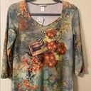 Christopher & Banks New NWT  3/4 Sleeve V-Neck Tee Floral Map Postcard Size Small Photo 0